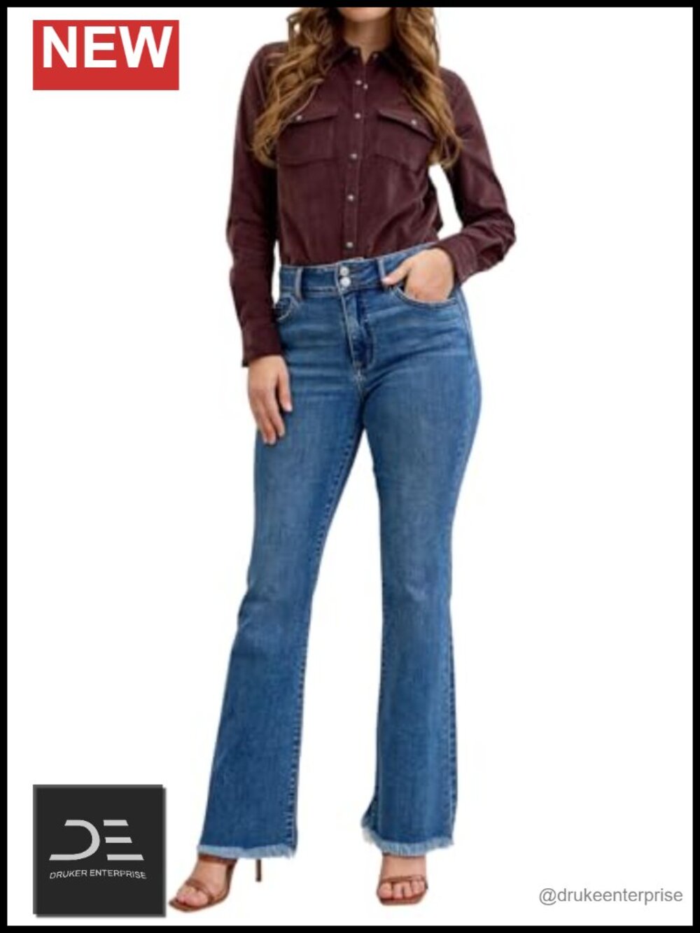 High Rise Bootcut Jeans with Double Button and Fray Hem, Stretch Denim